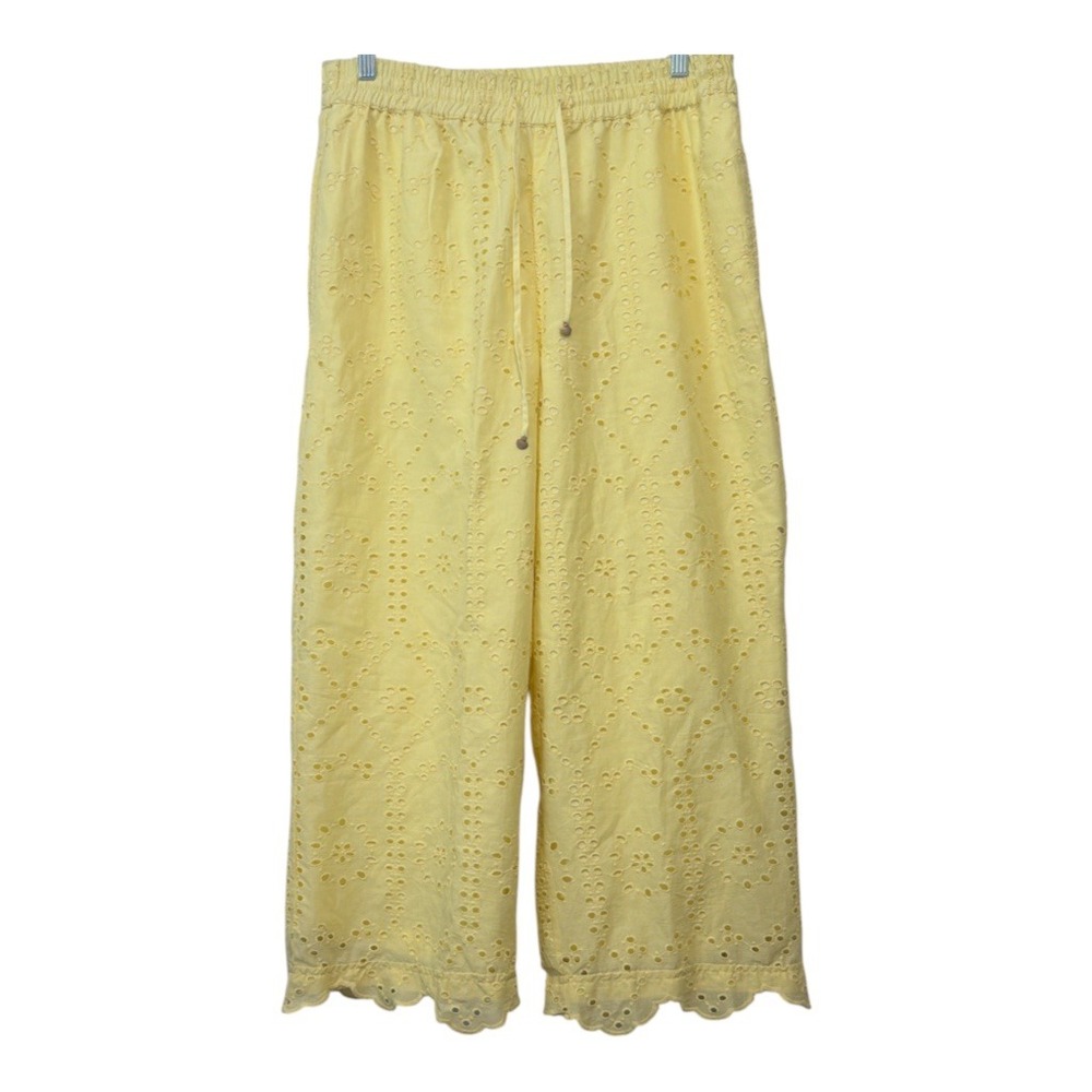 Calypso St. Barth Yellow Eyelet Wide Leg Pants Scalloped Hem Shell Charm Boho
